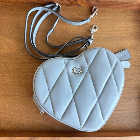 Coach CE725 Heart Crossbody Quilting Nappa Leather Silver Grey Blue - Picture 1 of 12